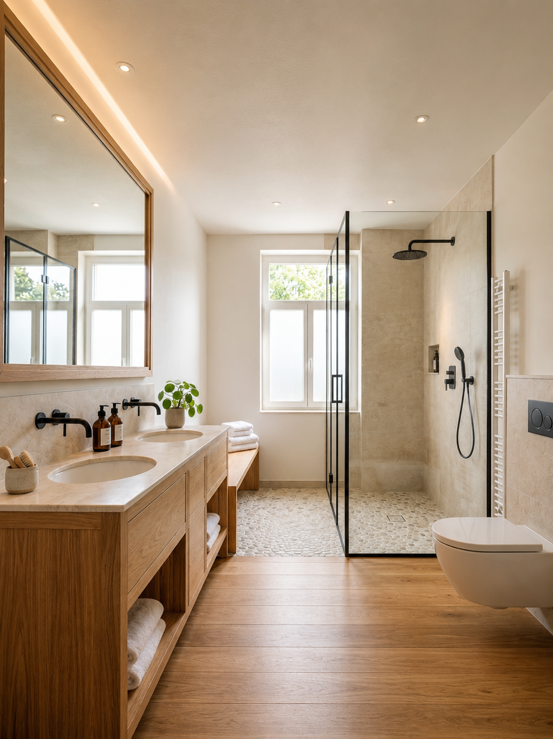 Salle de bain rénovée avec douche italienne et meuble bois — Paradis Plomberie